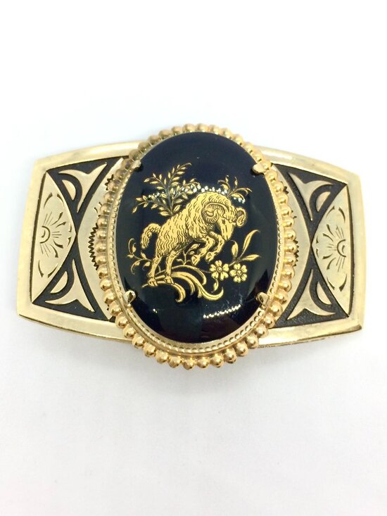 VINTAGE RAM BELT Buckle Aries Zodiac Black Gold Tone Enamel main image 14